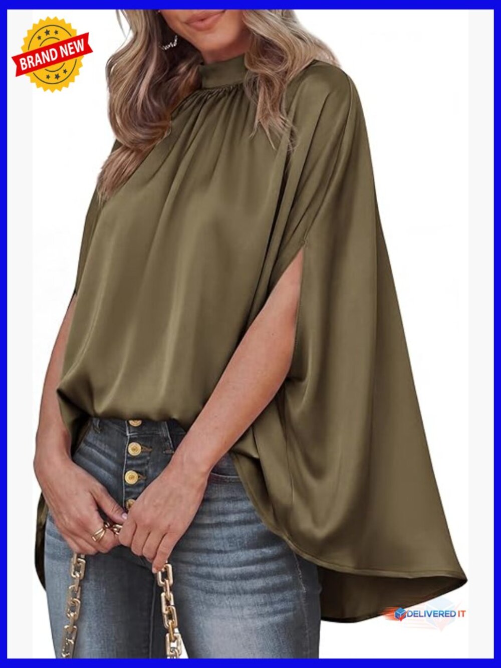 Mock Neck Batwing Sleeve Silk Satin Blouses Loose Oversized Spring Tops